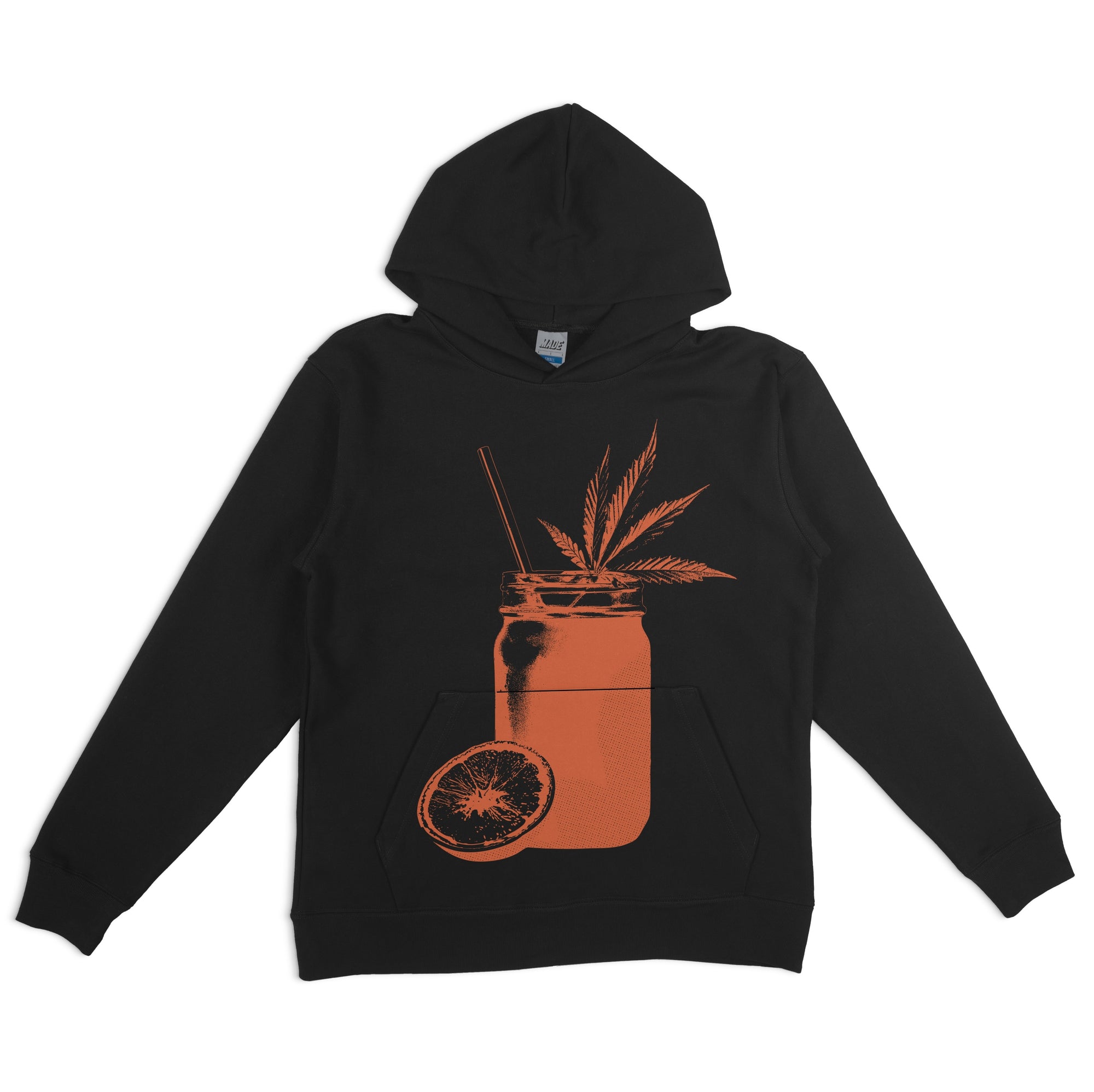 Black hoodie with orange graphic of a jar and plant on a white background